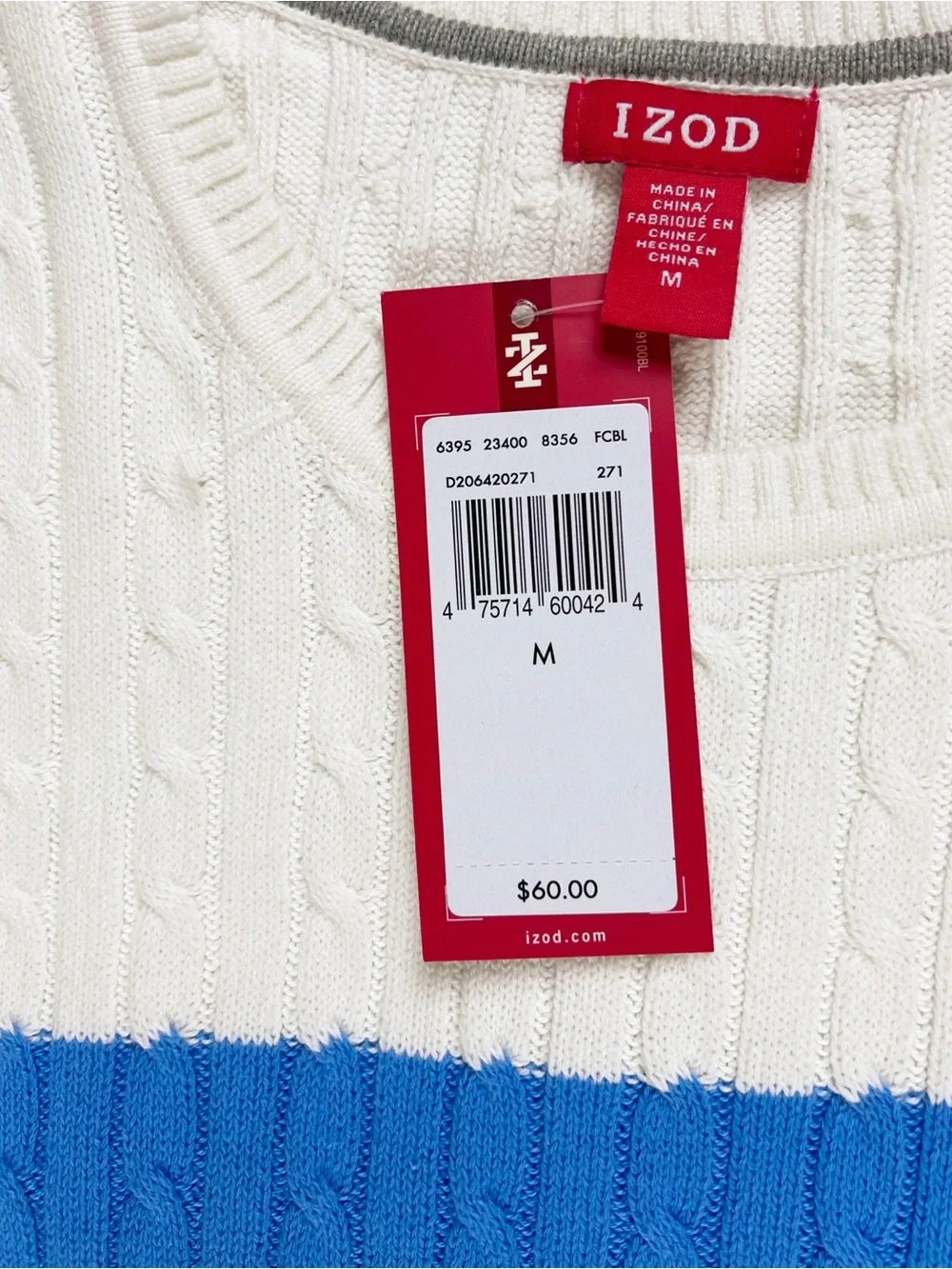 IZOD Women's Cable Knit Color Block Blue Cream Long Sleeve Sweater Size Medium